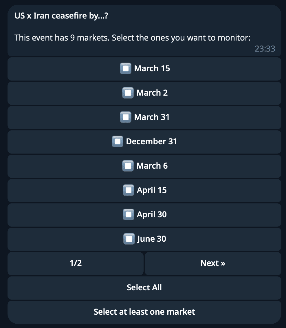 Telegram message showing the create monitor flow