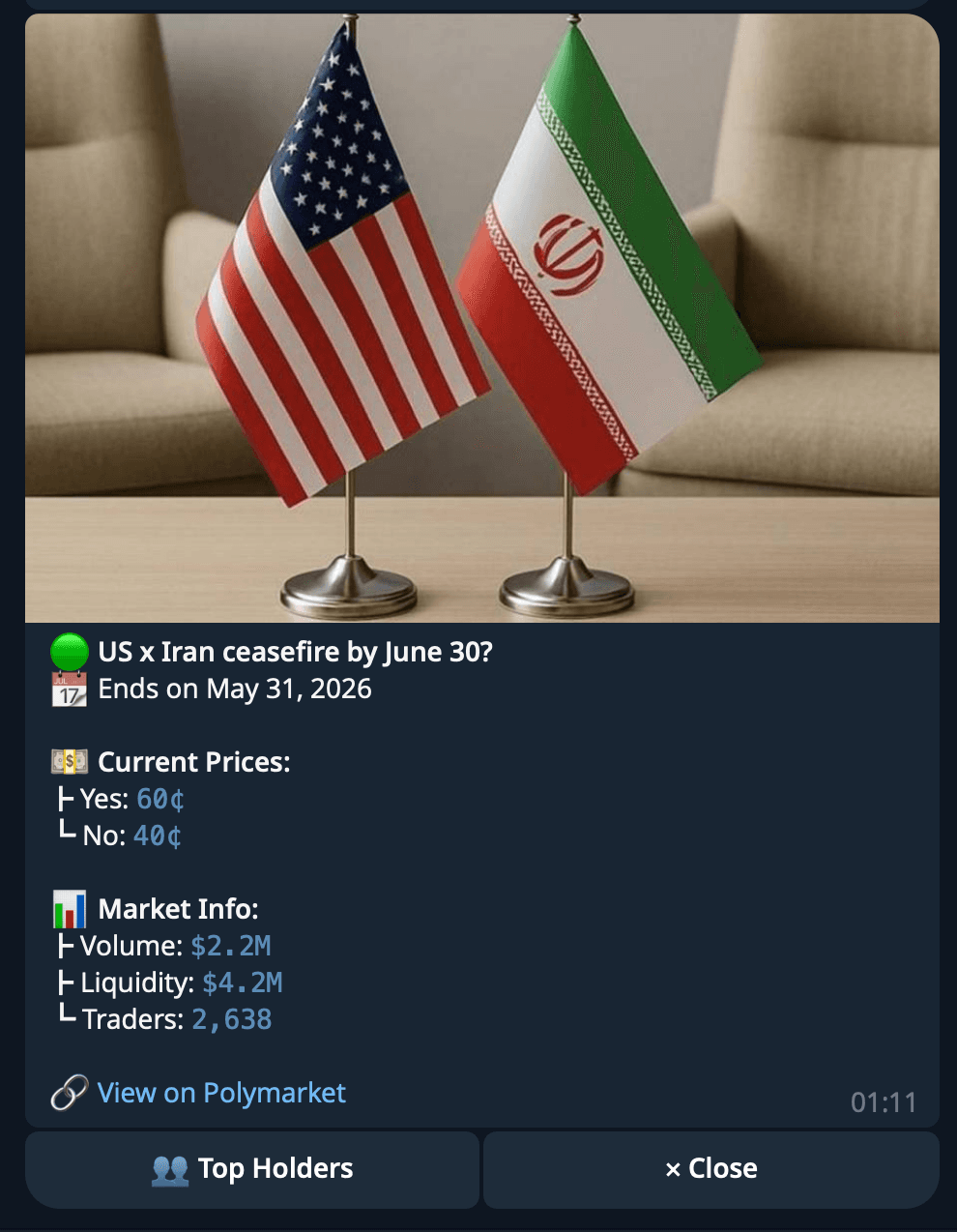 Market card showing outcome prices, volume, liquidity, and trader count with a View on Polymarket link
